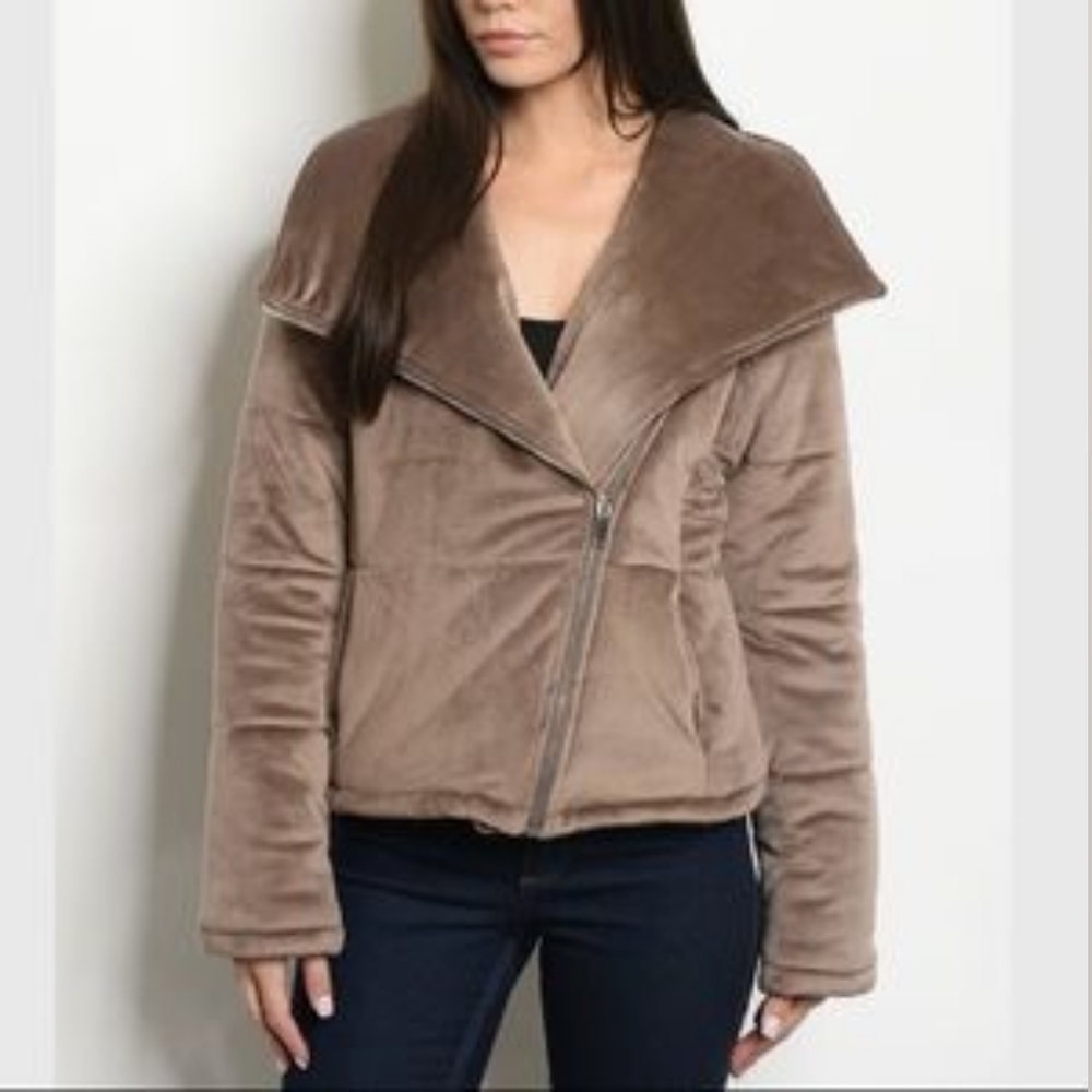 NEW HYFVE Brown Velvet Shawl Collar Puffer Moto Style Jacket Size Medium